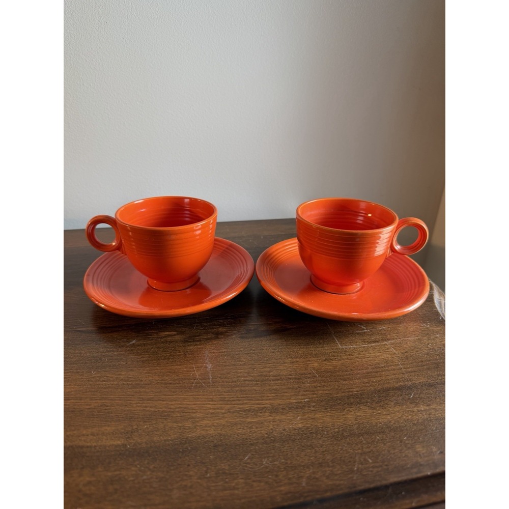 2 Sets Of Vintage Fiesta Red Cup & Saucer Fiestaware Teacup